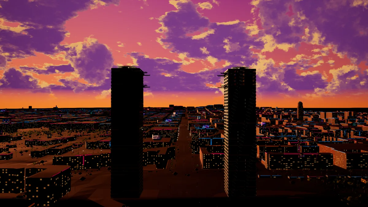 Captura del juego: Torres, Siluetas y cielo naranja