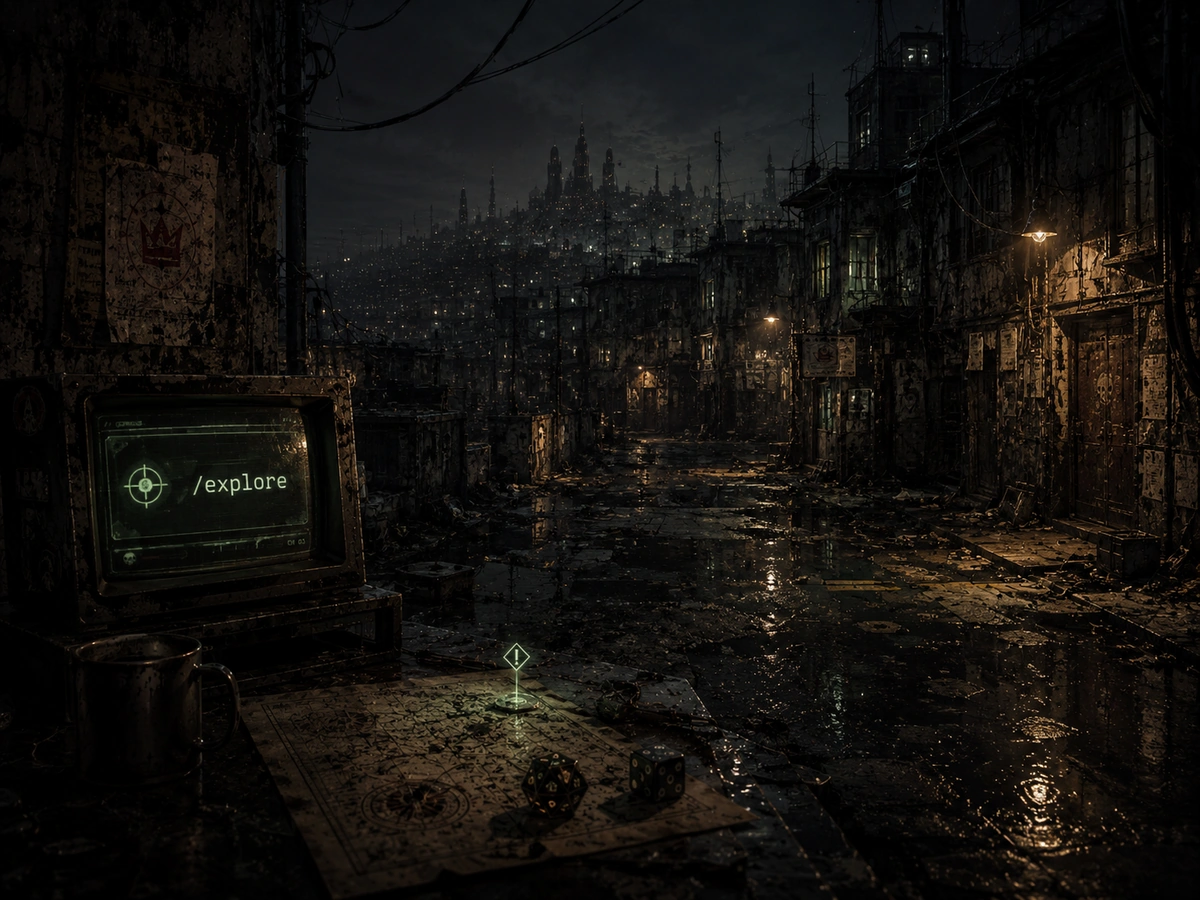 Exploration scene in a corrupted Barcelona district