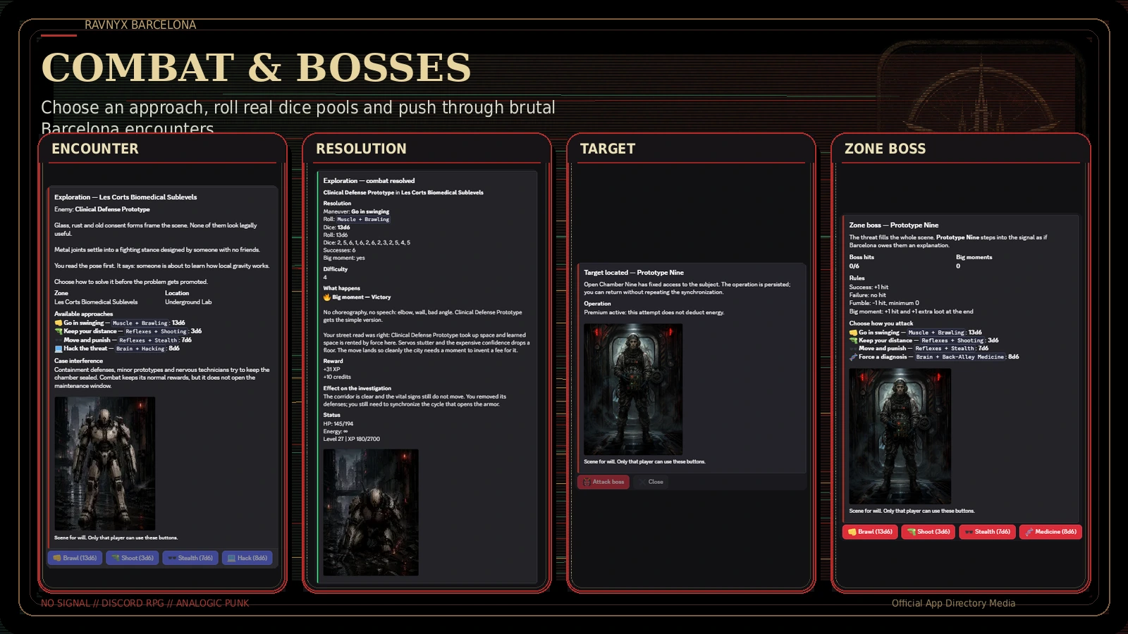 Combat encounter, dice resolution, target operation and zone boss fight in Ravnyx Barcelona inside Discord