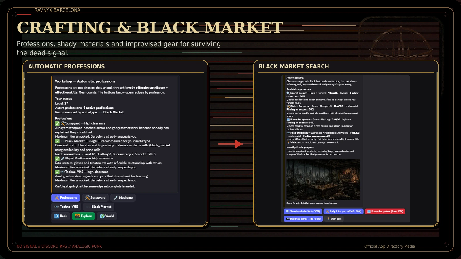 Automatic professions, crafting workshop and black market search encounter in Ravnyx Barcelona inside Discord