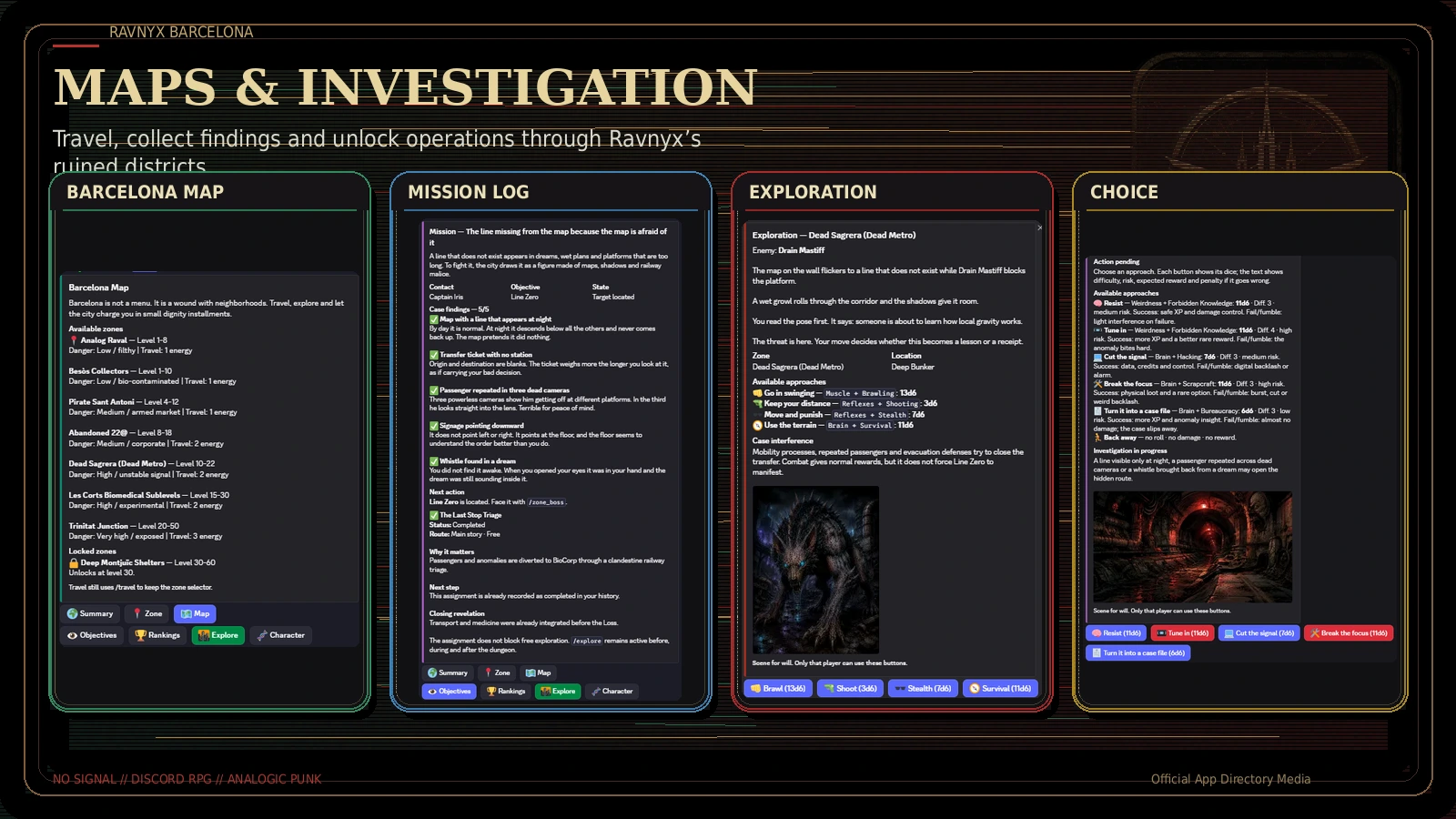 Ravnyx Barcelona map, mission log, exploration encounter and investigation choices shown inside Discord