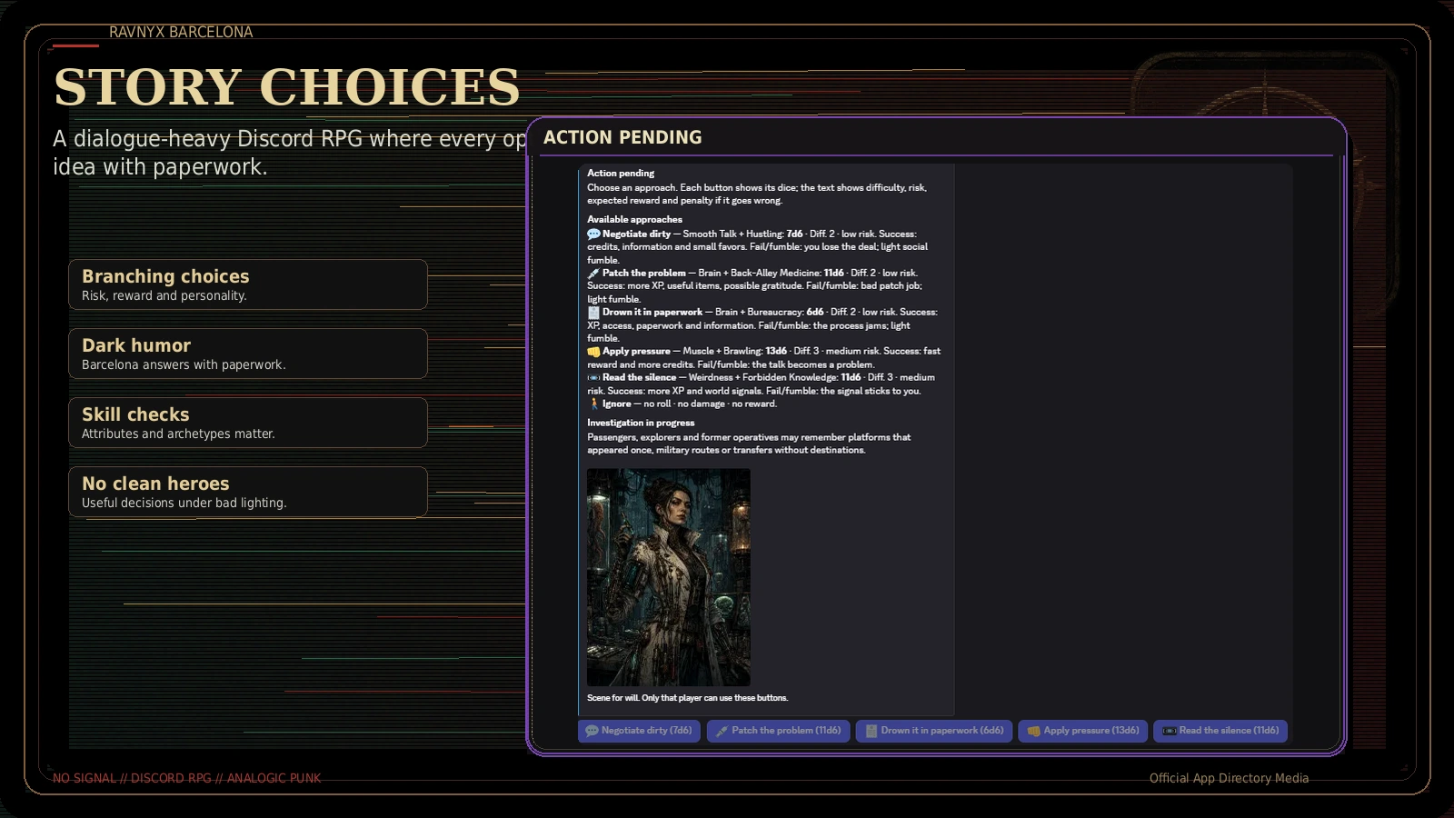 Story choice encounter in Ravnyx Barcelona showing five dialogue and skill approaches inside Discord