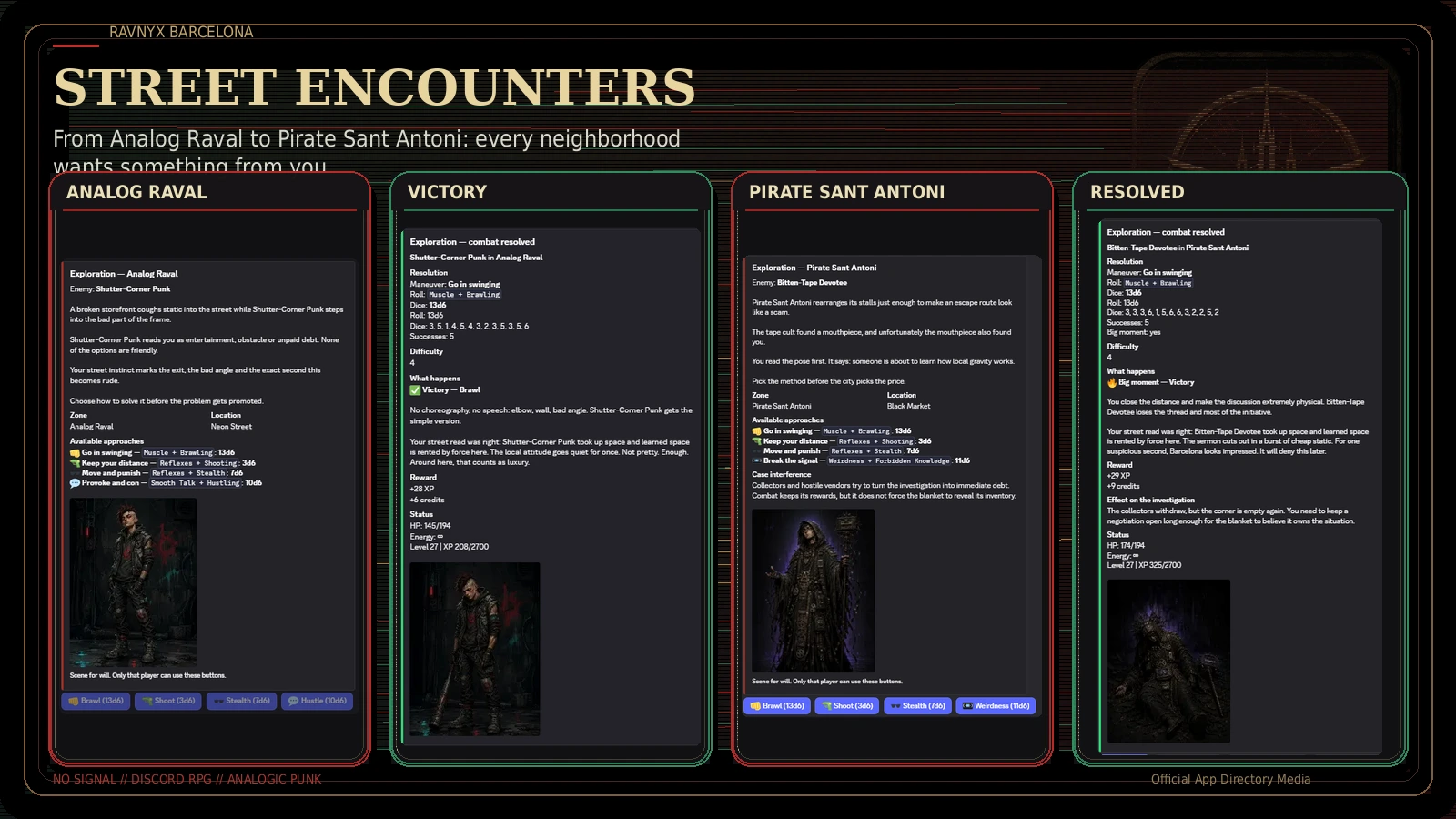 Combat encounters and victory results from Analog Raval and Pirate Sant Antoni in the Ravnyx Barcelona Discord RPG